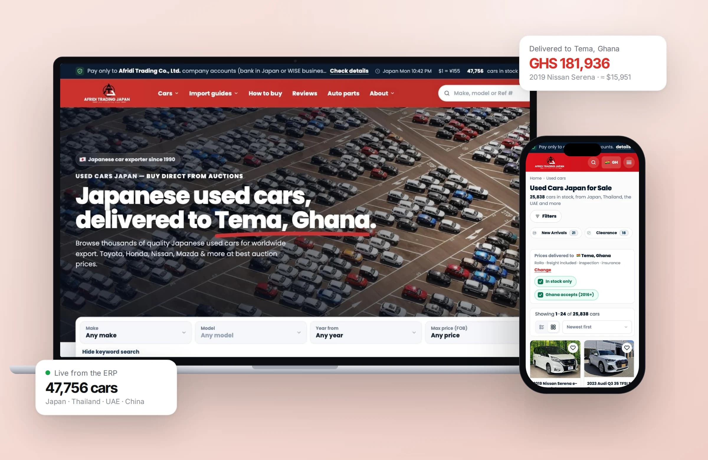 Afridi Trading Japan website on a laptop and phone, with prices delivered to Tema, Ghana